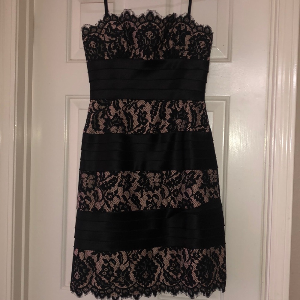 BCBG cream and black lace strapless dress